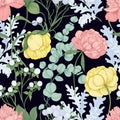 Floral seamless pattern with blooming peonies, ranunculus, eucalyptus gunnii on black background. Elegant backdrop with