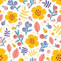 Floral seamless pattern with blooming summer meadow plants. Botanical backdrop with flowers and berries on white Royalty Free Stock Photo