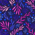 Floral seamless pattern on blue background with bright wild herbs.