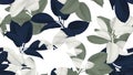 Floral seamless pattern, blue, green and white Ficus Elastica / rubber plant on white