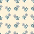 Floral seamless pattern with blue sunflower elements. Light background. Summer backdrop in hand drawn style