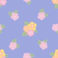 Floral seamless pattern of bouquets of pink, yellow, orange stylized peonies, roses on a blue background. Royalty Free Stock Photo