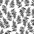 Floral seamless pattern with branches and leaves. Black silhouettes of doodle flowers. Royalty Free Stock Photo