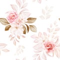 Floral seamless pattern of brown and peach watercolor roses and wild flowers arrangements on white background for fashion, print,