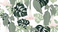 Floral seamless pattern, Brugmansia or Angels trumpet flowers and split-leaf Philodendron plant on light gray background