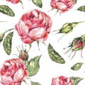 Floral Seamless pattern of Classical Watercolor Vintage Red Rose, Leaves, Buds