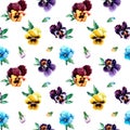 Floral seamless pattern with colorful pansies. Nice flower arrangement. Hand drawn watercolor illustration.