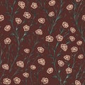 Floral seamless pattern. Contours of Abstract beige flowers and green leaves on brown background.