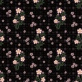 Floral seamless pattern, cute cartoon flowers black background in specks Royalty Free Stock Photo