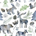 Floral seamless pattern with cute forest animals: squirrel, fox, hedgehog. Forest plants, leaves, mushrooms, berries and Royalty Free Stock Photo