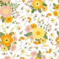 Floral seamless pattern, cute spring background with flowers. Blooming flower fabric texture, abstract print for summer