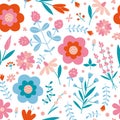 Floral seamless pattern with cute wild flowers on a white background, cartoon style. Trendy modern vector illustration Royalty Free Stock Photo