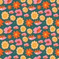 Floral seamless pattern with daisies, sunflowers, poppies on a dark background