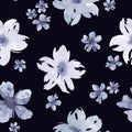 Floral seamless pattern. Delicate gray-blue watercolor hand-painted flowers on a dark blue background.