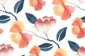 Floral seamless pattern. Delicate pink, orange flowers, blue branches, leaves. Royalty Free Stock Photo