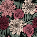 Floral seamless pattern with different blooming flowers and leaves. Modern graphic hand-drawn vector illustration Royalty Free Stock Photo