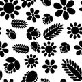 Floral seamless pattern with different flowers and leaves. Black and white Botanical illustration hand painted. Textile print, Royalty Free Stock Photo