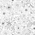 Floral seamless pattern with different hand drawn flowers and leaves. Black and white vector illustration Royalty Free Stock Photo