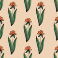 Floral seamless pattern with doodle orange flowers with green leaves on beige background. Royalty Free Stock Photo