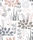 Floral seamless pattern with doodle plants, flowers, bushes, and grass. Pleasant palette. Vector illustration Royalty Free Stock Photo