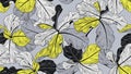 Floral seamless pattern, fiddle leaf fig on grey background, line art ink drawing, yellow and black