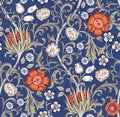Floral seamless pattern with field of flowers on blue background. Vector illustration. Royalty Free Stock Photo