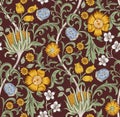 Floral seamless pattern with field of flowers on burgundy background. Vector illustration. Royalty Free Stock Photo