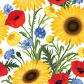 Floral seamless pattern. Flower poppy, sunflower, cornflower weadow background. Floral tile ornamental texture with flowers.