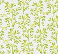 Floral seamless pattern with flowering fenugreek plants on white background. Pretty yellow flowers growing on green