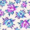 Floral seamless pattern with flowering pink and blue peonies, on peach background.