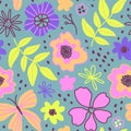 Floral seamless pattern. Flowers, leaves, butterflies. Vector background. Modern flat style, memphis cute design. Hand