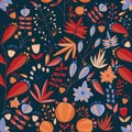 Floral seamless pattern with flowers and plants in dark background. tropical vector illustration. Royalty Free Stock Photo