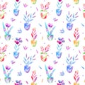 Floral seamless pattern of a flowers in pot and berry.
