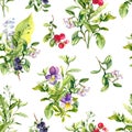 Floral seamless pattern - flowers, summer berries, wild herbs, meadow grass. Watercolor repeated background Royalty Free Stock Photo