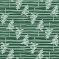 Floral seamless pattern with foliage shapes. Green stripped background with hand drawn ornament