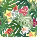 Floral seamless pattern. Garden Flower orchid tropical palm leaf Royalty Free Stock Photo