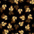 Floral seamless pattern with gold leaves on black. Decorative background.