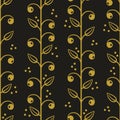 Floral seamless pattern with gold vertical branches, leaves and berries. Royalty Free Stock Photo