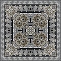Floral seamless pattern with greek square frames. Vector ornamental black and white ethnic background. Tribal repeat Royalty Free Stock Photo