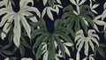 Floral seamless pattern, green Anthurium pedatoradiatum leaves on dark blue