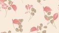 Floral seamless pattern, green banana leaves, pink Bromeliaceae plant and palm leaves on light gray