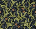 Floral seamless pattern with green leaves and orange flowers on dark background. Vector illustration. Royalty Free Stock Photo