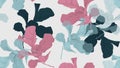 Floral seamless pattern, green, pink and blue fiddle leaf fig plant on light gray, pastel vintage theme