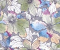 Floral seamless pattern on with hand drawn clematis flowers