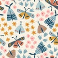Floral seamless pattern. Hand drawn colorful flowers with flying butterflies and moth. Flat modern kids design for
