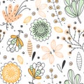 Floral seamless pattern. Hand drawn creative flowers. Colorful artistic background with blossom. Abstract herb