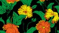 Floral seamless pattern, hand drawn hibiscus flowers and leaves on black, yellow, orange and green tones Royalty Free Stock Photo