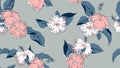 Floral seamless pattern, hand drawn hibiscus flowers and leaves on light blue, pink and blue tones Royalty Free Stock Photo