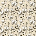 Floral seamless pattern with hand drawn ink iris and orchid flowers on beige background. Flowers lined up in harmonious