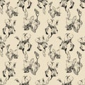 Floral seamless pattern with hand drawn ink iris and orchid flowers on beige background. Flowers lined up in harmonious